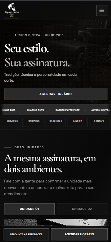 Versão mobile responsiva do Alyson Cintra Barber Club