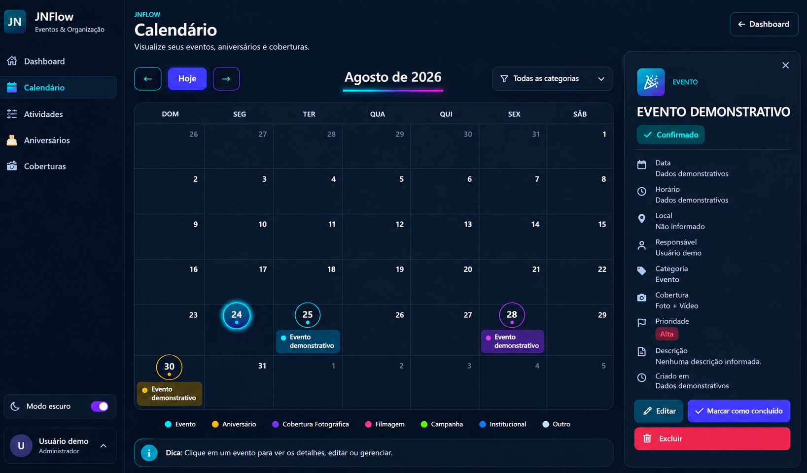 Calendário demonstrativo e sanitizado do JNFlow