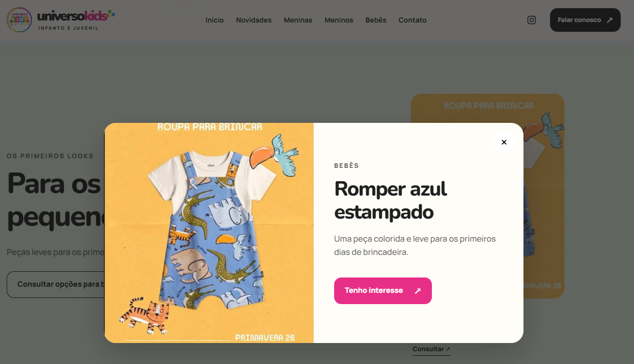 Modal de detalhes do produto na Universo Kids